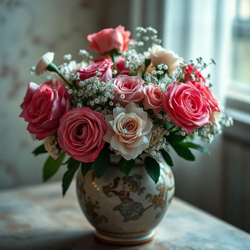 This vibrant bouquet brings a touch of nature's beauty to any space. Pink roses, peach roses, and white baby's breath make up this elegant arrangement.