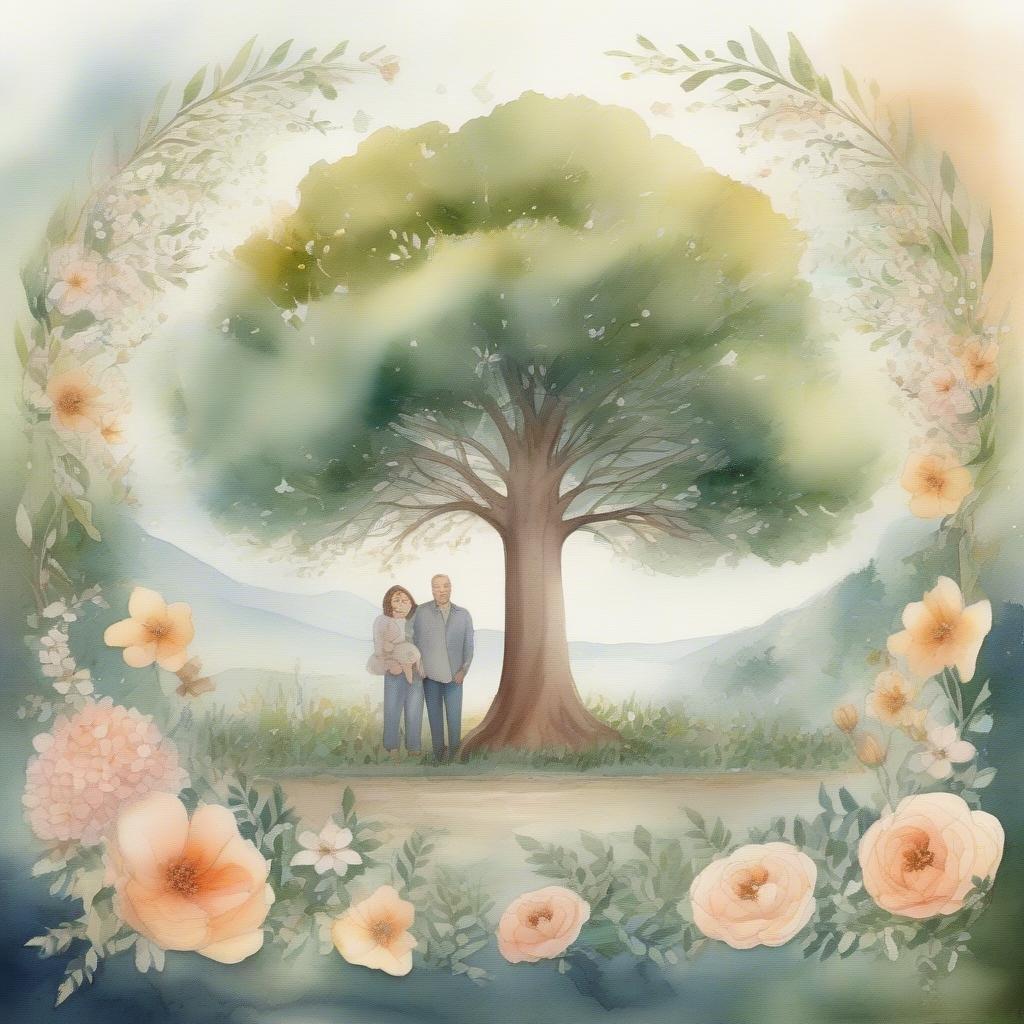 A warm, heartfelt scene on Father's Day, depicting the joy of generations together. A man and a woman stand close to each other in front of their family tree, symbolizing love, life, and heritage.