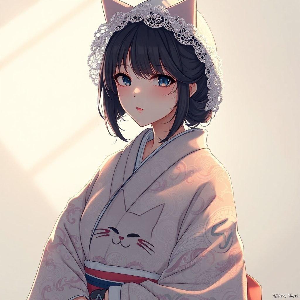 Featuring a detailed anime illustration, this wallpaper features a woman's enigmatic figure dressed in a kimono with a cat-like face, creating a unique and captivating image. The garment is adorned with intricate patterns and a lace-like hat, evoking the beauty of traditional Japanese textiles.