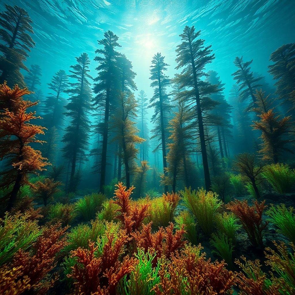 A captivating view into the deep sea forest, where towering kelp sway gently in the blue water under the sun's rays.