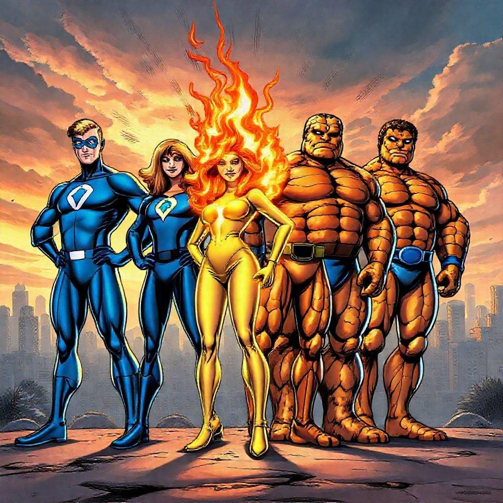 In this scene from the 'Fantastic Four', the team gathers together against a fiery background. From left, the Human Torch is ablaze with his signature flame, Mr. Fantastic stretches into a new pose, the Thing stands tall with his orange skin and rocky texture, and Invisible Woman uses her powers to become visible. The team is ready to face whatever comes their way.