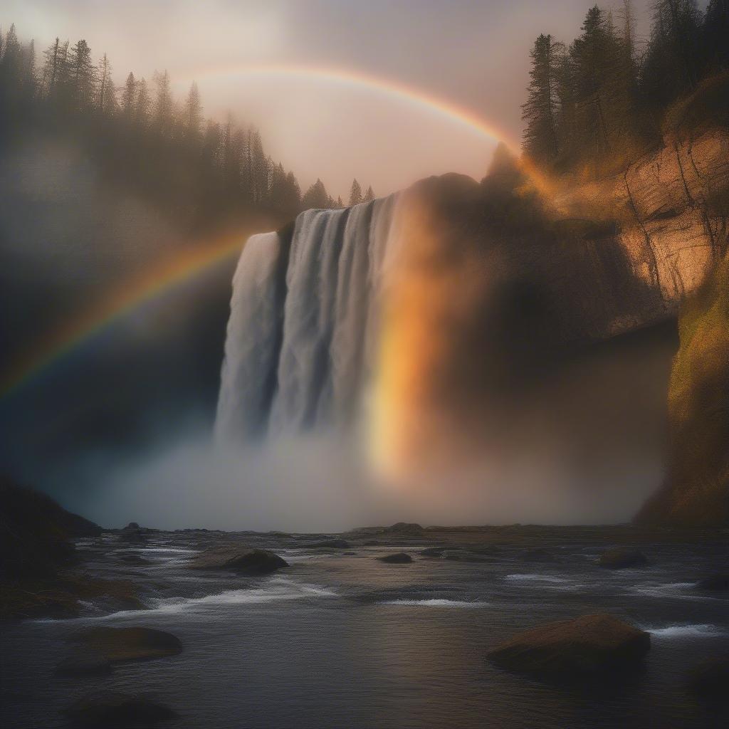 This breathtaking image captures the serene beauty of a sunset over a majestic waterfall, creating a stunning visual experience.