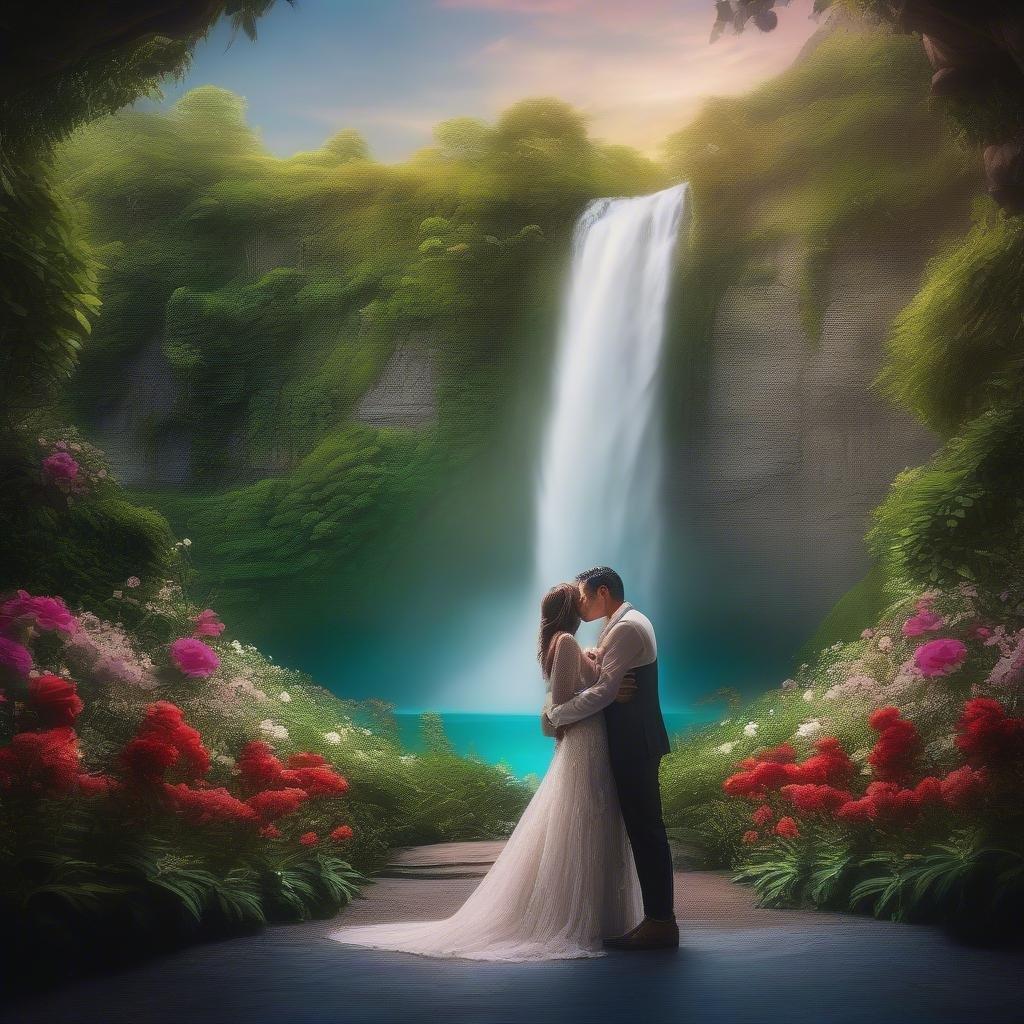 A newly married couple embracing against a stunning backdrop of a waterfall, forest, and flowers.