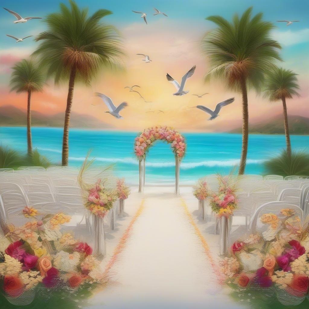 This beautiful beach wedding scene is perfect for a romantic getaway or a relaxing vacation. The soft colors and serene atmosphere make it an ideal wallpaper for anyone looking to escape to a tropical paradise.