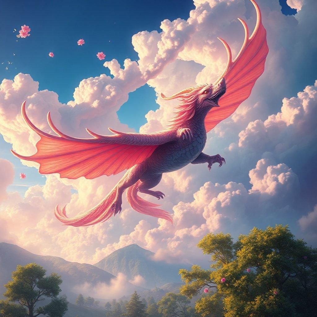 Discover the majestic dragon soaring through a vibrant sky, its wings spread wide as it glides over a serene landscape. This fantastical creature embodies power and beauty.