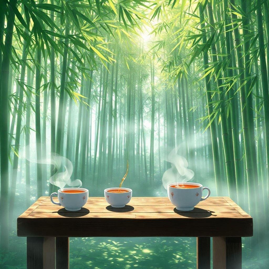 Immerse yourself in the tranquility of an anime-style tea ceremony, set amidst a secluded bamboo forest. The serene atmosphere, with wisps of fog, invites you to pause and appreciate the beauty of nature.