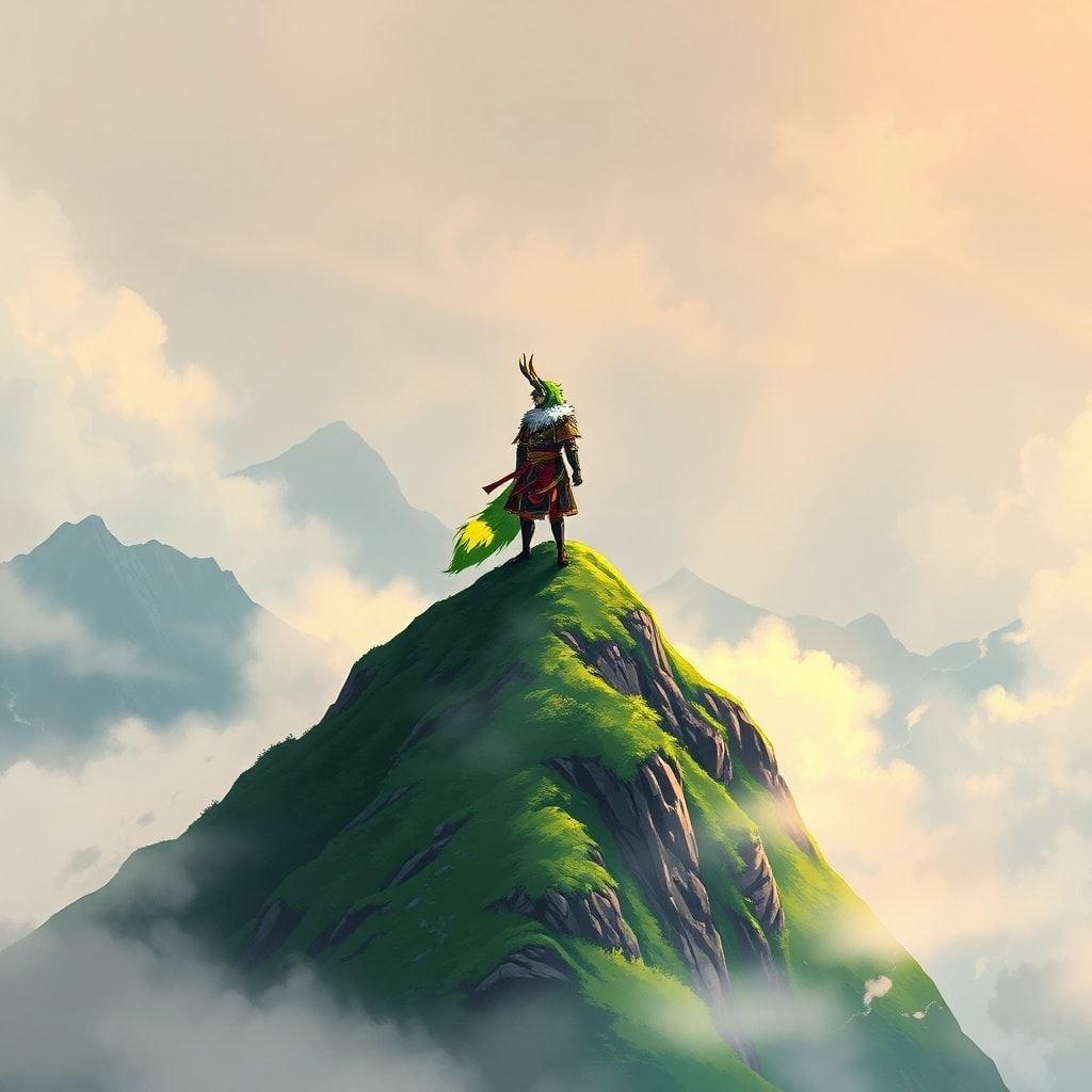 Esta serena ilustración de estilo anime presenta a un samurái de pie en la cima de una montaña, con un vibrante pelaje verde y amarillo que contrasta con el fondo brumoso. La escena pacífica captura un momento en el tiempo, combinando la belleza natural con el encanto animado.