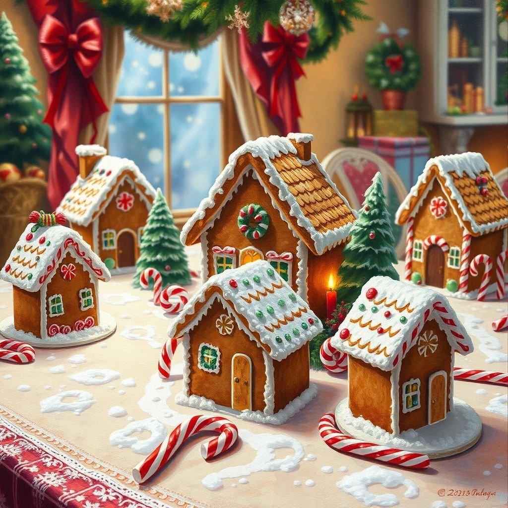 A festive scene featuring a collection of gingerbread houses with candy cane decorations, set against the backdrop of a snowy village with lit windows and twinkling Christmas lights.