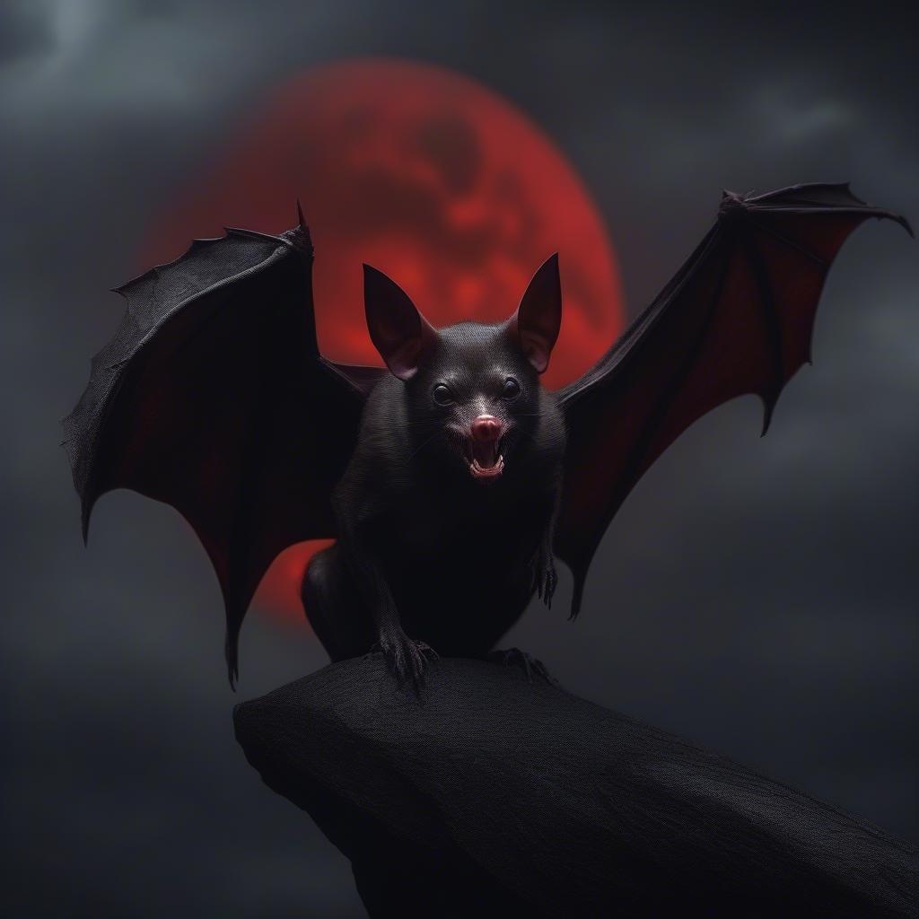 A dark fantasy scene captures a moment as night falls, featuring a large bat perched on a rock against the backdrop of a red moon.