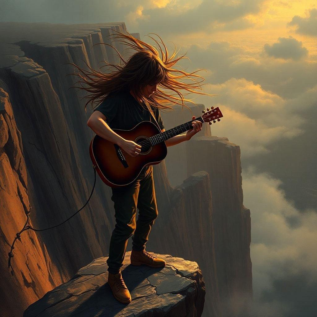 This image captures the moment of a musician perched atop a rocky cliff, strumming a guitar. The vastness of the surrounding canyon and the dramatic sky add to the sense of adventure and tranquility in this musical escape.