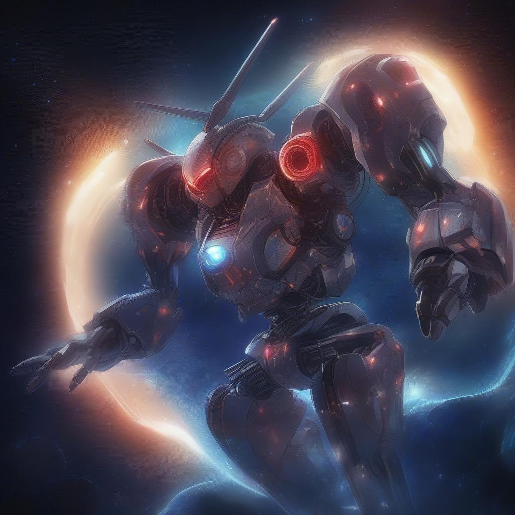 Ce magnifique fond d'écran de robot mecha au style anime est parfait pour les fans de thèmes futuristes et de science-fiction. Les yeux rouges brillants du robot et sa bouche grande ouverte lui donnent une apparence dynamique et puissante, tandis que la lumière des étoiles tourbillonnant en arrière-plan ajoute un sentiment de mouvement et d'énergie.