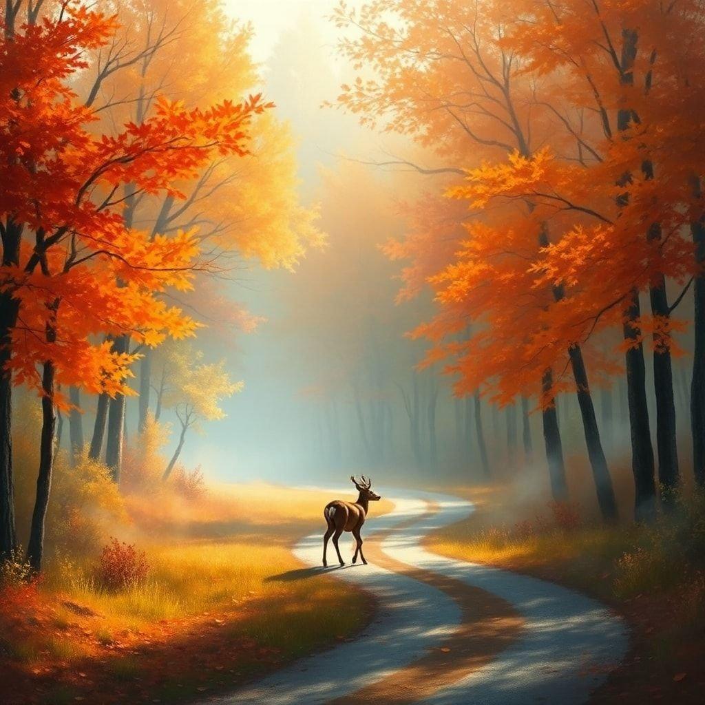 This beautiful wallpaper captures the essence of autumn with a serene deer in the woods. The vibrant colors of the season are on full display, making it a perfect addition to any desktop or mobile device.