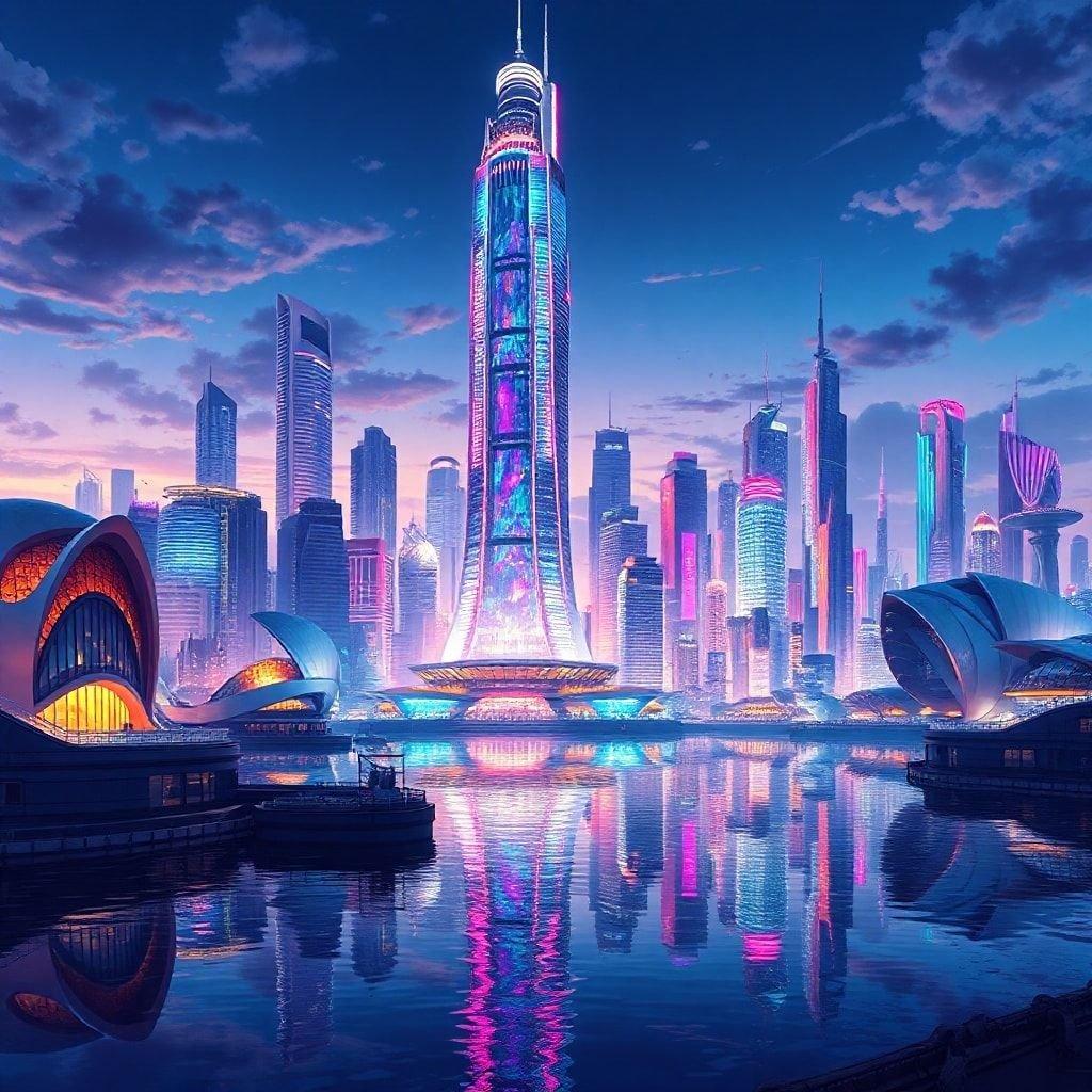 Immerse yourself in the vibrant world of anime with this stunning futuristic cityscape wallpaper. The neon-lit skyscraper and tranquil atmosphere create a captivating scene perfect for desktop and mobile use.