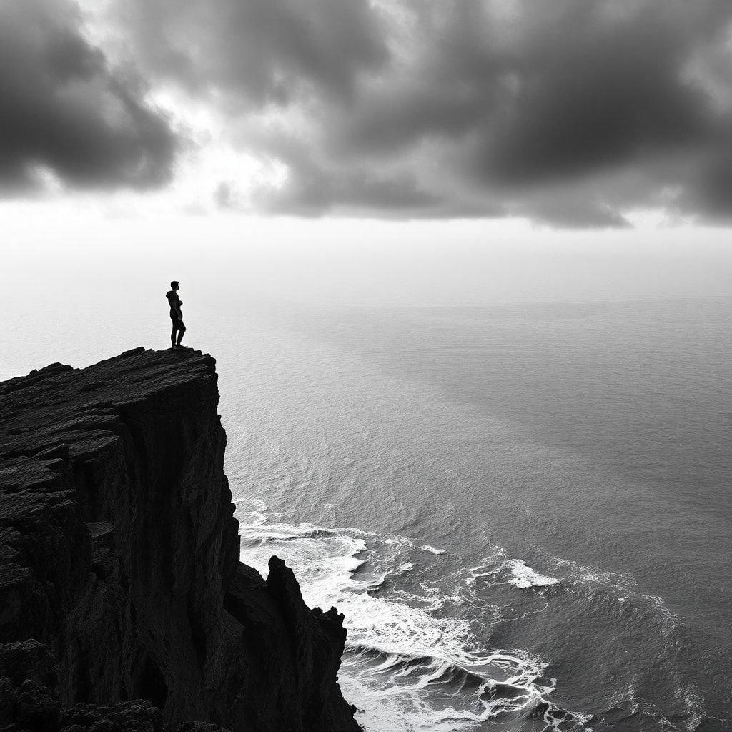 A solitary figure stands atop a rugged black and white cliff, gazing out over the vast ocean. The contrast between the man's dark silhouette and the light gray sky adds a dramatic touch to this serene landscape.