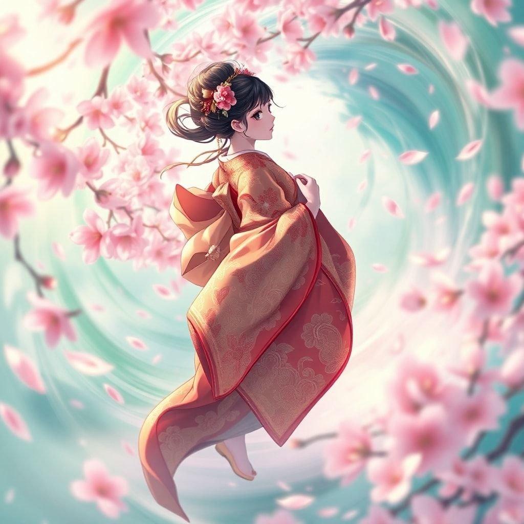 Questo bellissimo sfondo in stile anime presenta una delicata geisha che fluttua in un fiore di sakura vorticoso, circondata da motivi intricati e colori vivaci. Lo sfondo è un offuscamento di tonalità verdi e blu vorticosi, che aggiungono profondità alla scena. La luce soffusa cattura un momento di tranquillità, rendendo questa immagine perfetta per l'uso su desktop e mobile.