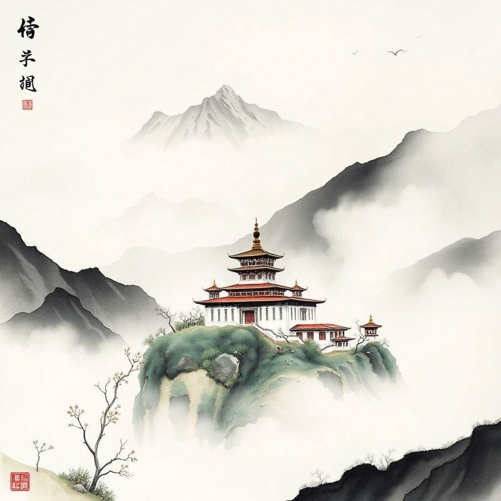 This beautiful wallpaper features a serene Buddhist temple nestled in the mountains, surrounded by lush greenery and misty clouds. The temple's traditional architecture and peaceful surroundings make it a perfect representation of cultural and traditional values.