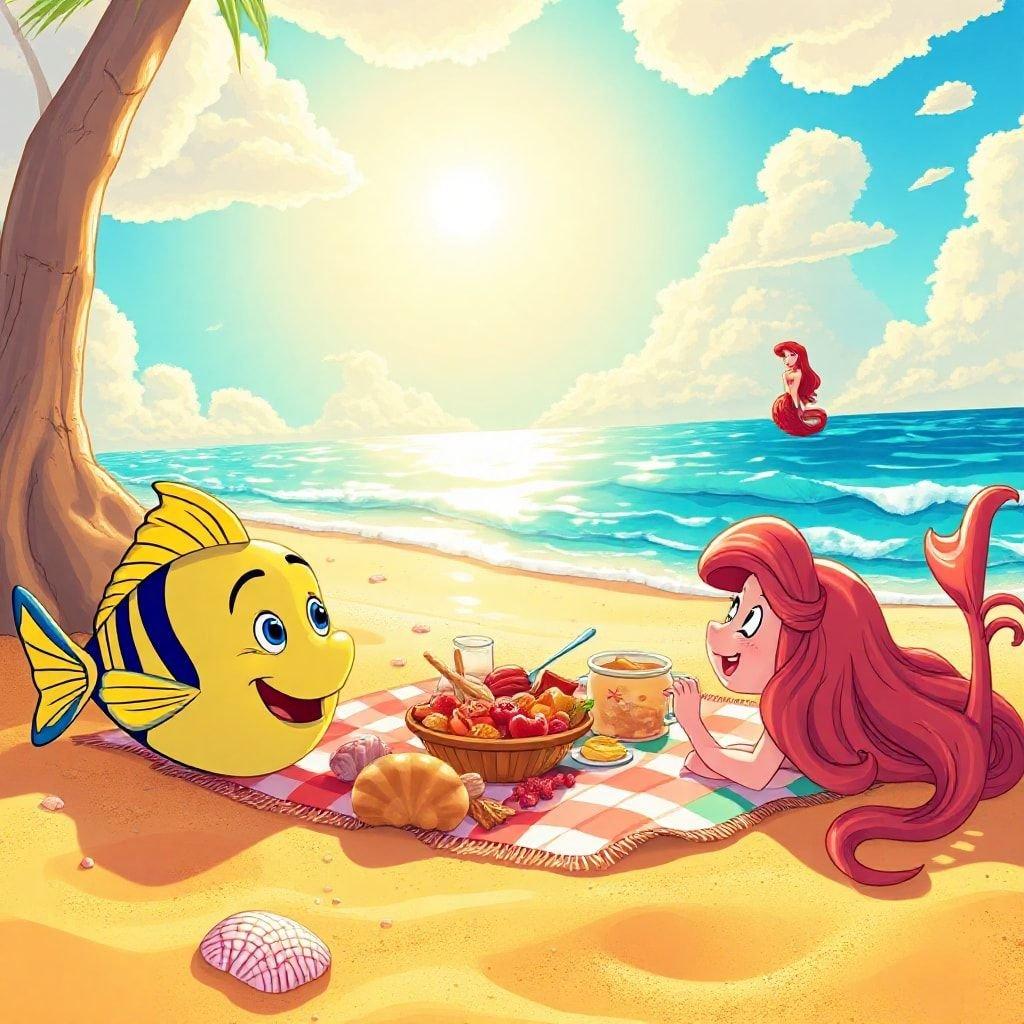 This beautiful wallpaper features Ariel and Flounder from Disney's The Little Mermaid enjoying a picnic on the beach. The image captures the fun and playful moments of the characters as they spend time together in their natural habitat.