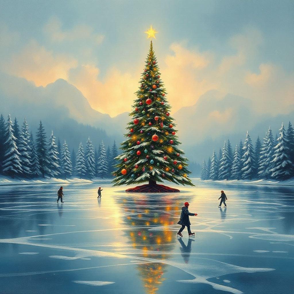 Capture the festive spirit of Christmas with this serene winter scene. The glowing lights from a tall, majestic Christmas tree stand as a beacon in the snow-covered landscape, illuminating the surrounding area as dusk falls. A group of people are enjoying a day out on the ice, skating under the starlit sky with cheerful hearts, embracing the crisp winter air. This image is perfect for desktop and mobile wallpapers, capturing the warmth and joy of the holiday season.