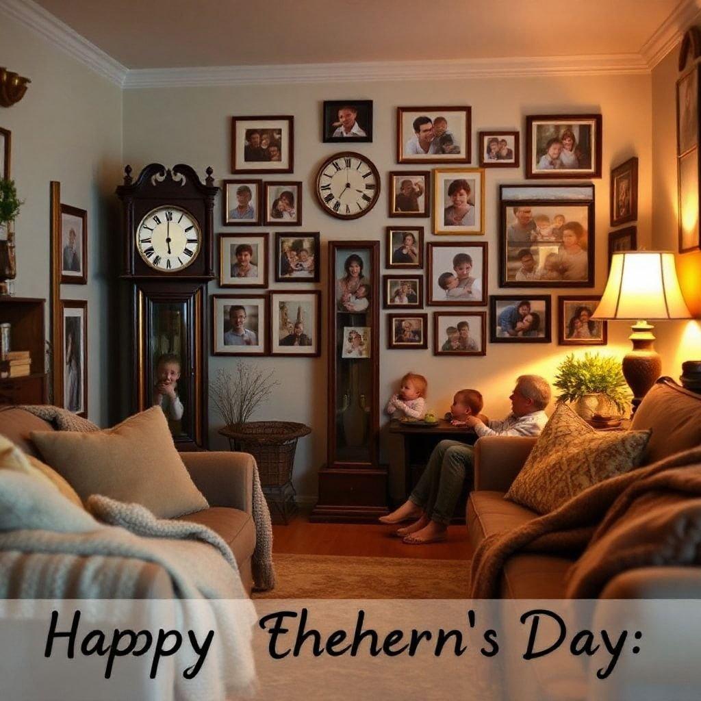 A cozy living room scene, perfect for Father's Day, with a grandfather clock and a wall of framed photos.