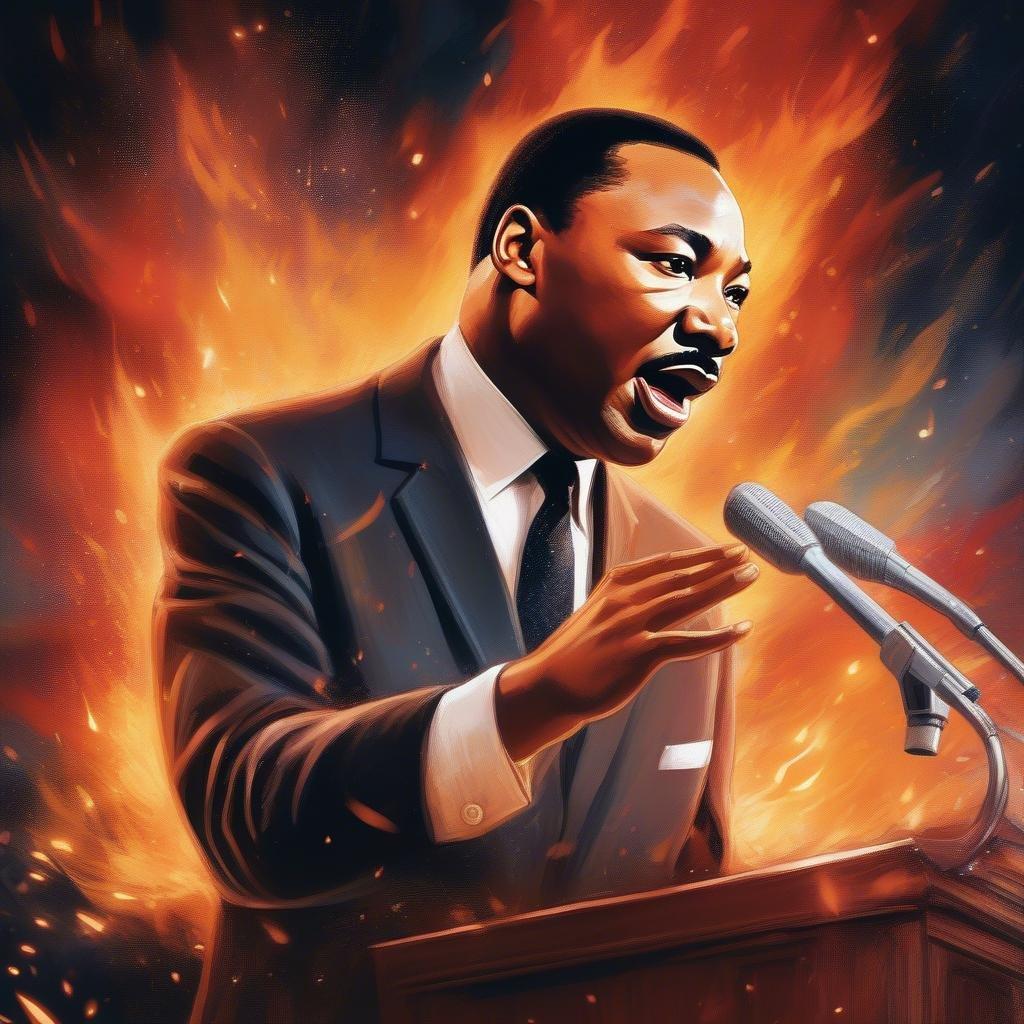 A digital painting of Dr. Martin Luther King Jr., a civil rights leader and prominent activist known for his inspirational speeches, standing at the podium as he delivers one of his landmark sermons.