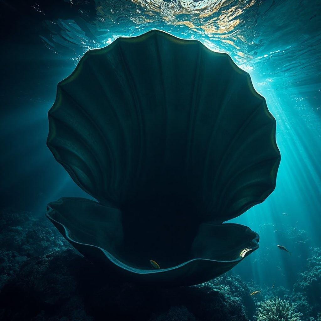 Explore the depths of our blue ocean with this stunning underwater view, featuring a magnificent nautilus shell on display against the backdrop of the ocean floor.