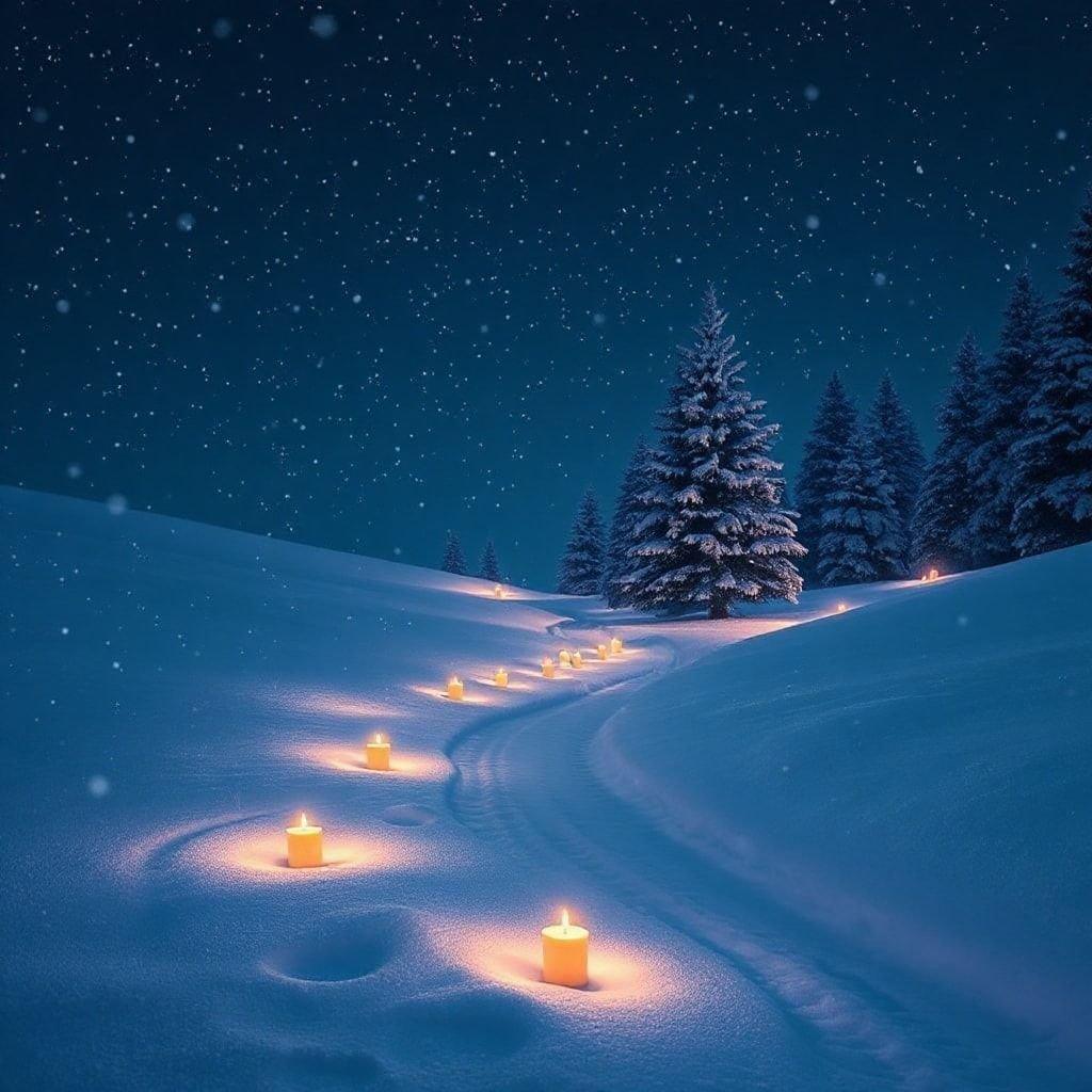 A solitary journey through the tranquil night in a snowy landscape, where the only light comes from warm lanterns lining the path.