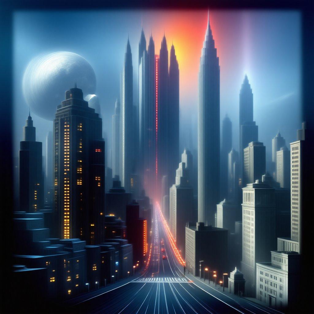 An apocalyptic scene where modern skyscrapers tower over an alien invasion on a desolate city street.