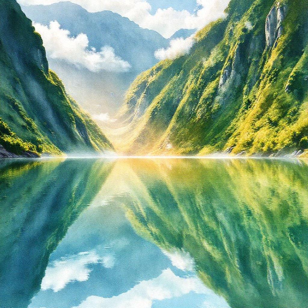 A breathtaking view of a serene lake nestled among majestic mountains, with a waterfall cascading from the cliffs on the right. The sun is just beginning to rise in the distance, casting its warm glow over the tranquil scene.