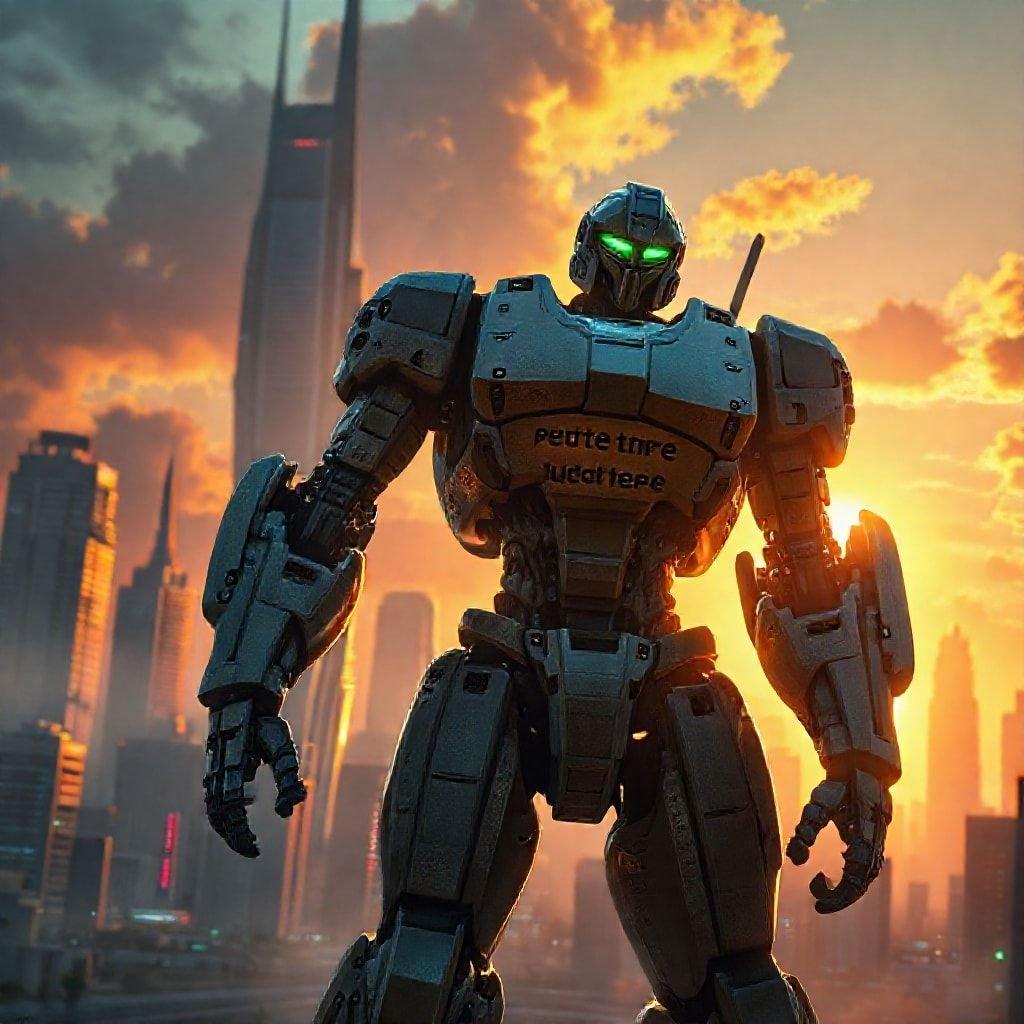 A robot stands tall on a cityscape, his gaze fixed forward with a determined expression. A quote adds an inspiring touch to this futuristic backdrop.