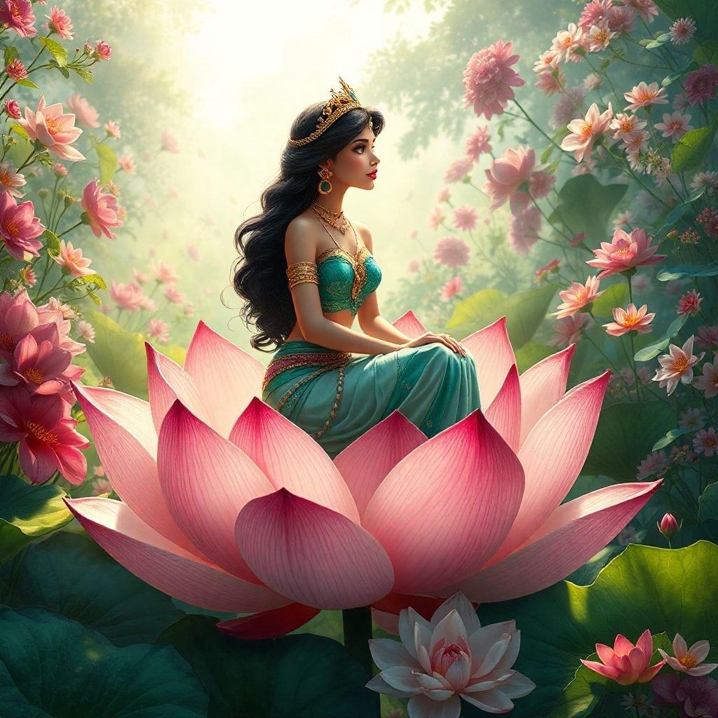 This stunning wallpaper features Princess Jasmine from Disney's Aladdin sitting on a lotus flower in a serene garden setting. The image captures the beauty and grace of the princess amidst the vibrant flowers and lush greenery, making it a perfect desktop and mobile wallpaper.