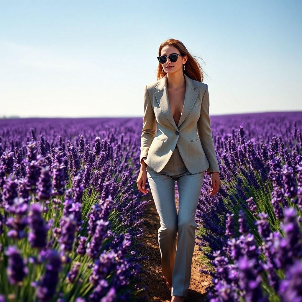 A stylish woman strides through an expansive lavender field, embodying the essence of springtime. Her chic outfit with a suit and sunglasses suggests a day spent in the beauty of nature.