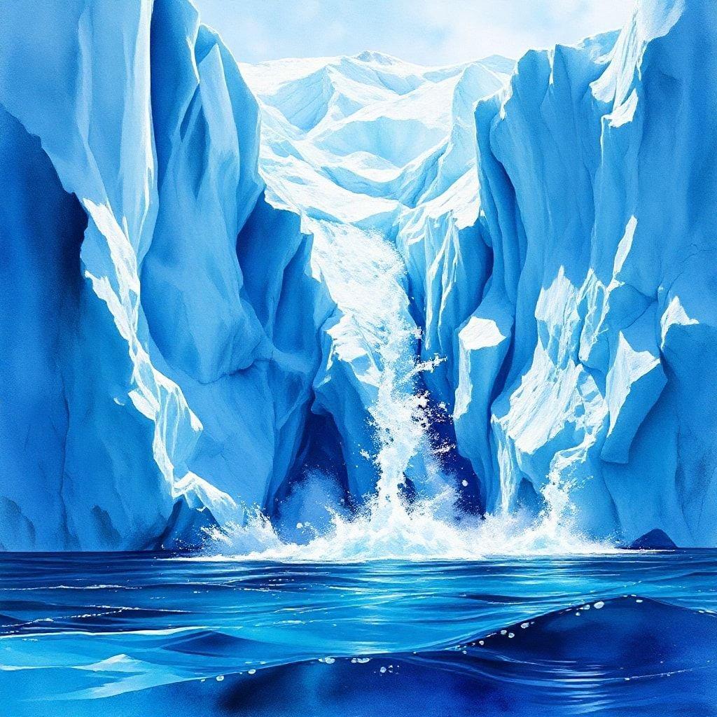 A majestic view of a glacial fjord, with towering cliffs of blue ice creating a breathtaking natural spectacle.