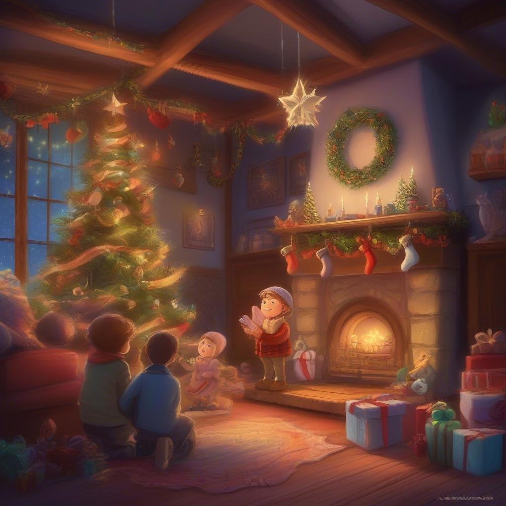 This image is a beautiful Christmas scene with a family enjoying the holiday season together. The image features a cozy living room with a Christmas tree, presents, and a fireplace, creating a warm and inviting atmosphere. The family is gathered around the tree, exchanging gifts and sharing laughter, making it a heartwarming and festive scene. The image is perfect for anyone looking to capture the magic and joy of the holiday season.