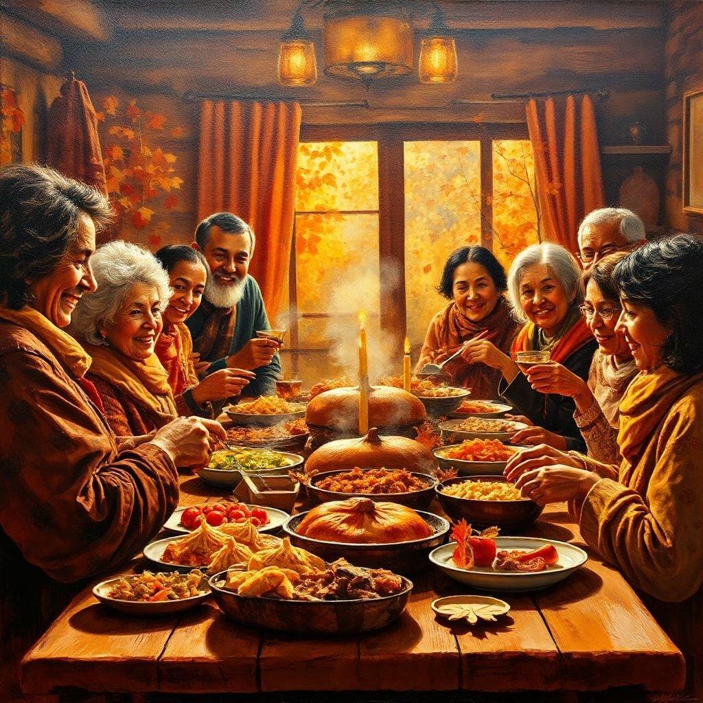 A warm family gathering for Thanksgiving dinner in a cozy cabin, sharing laughter and joy with a table full of traditional dishes.