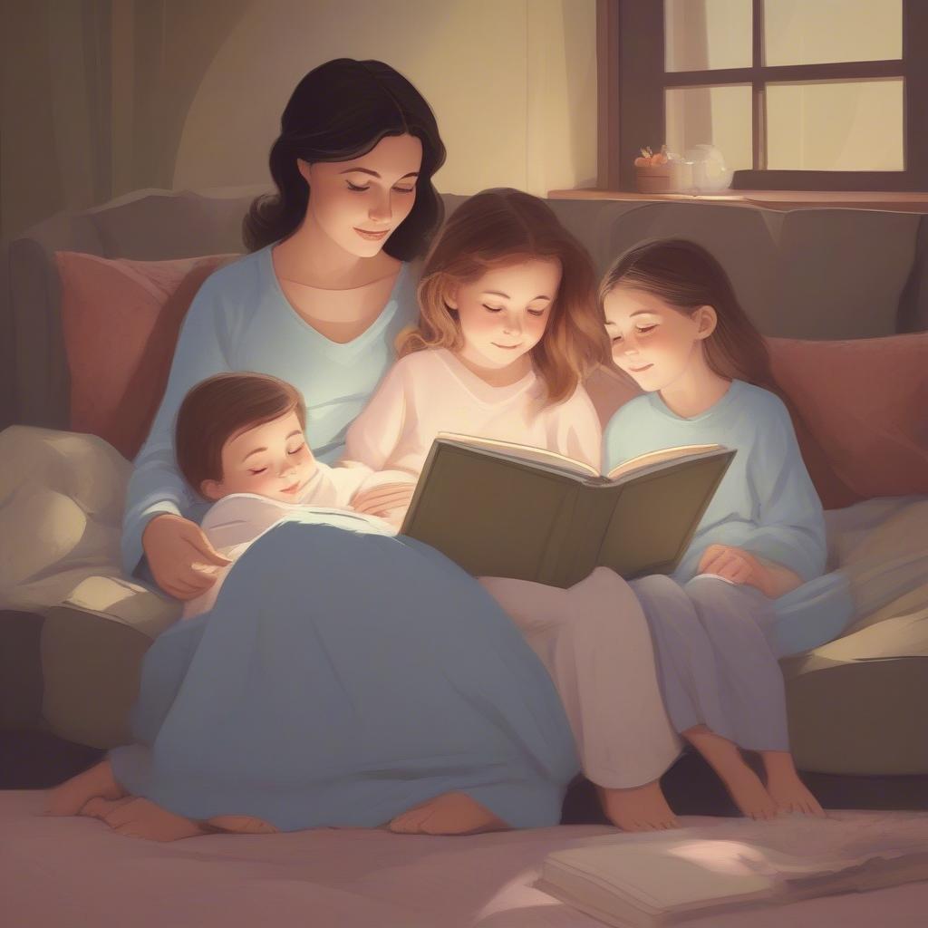 A heartwarming scene of a mother reading to her three children, creating a cozy and intimate atmosphere.