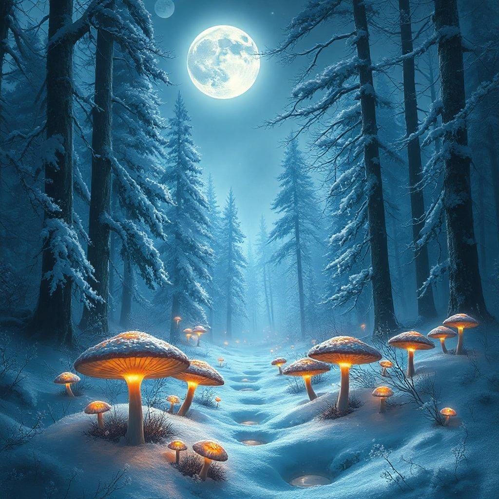 A winter night in a snowy forest, the moon shining brightly through the trees. The path is illuminated by glowing mushrooms and twinkling fairy lights.