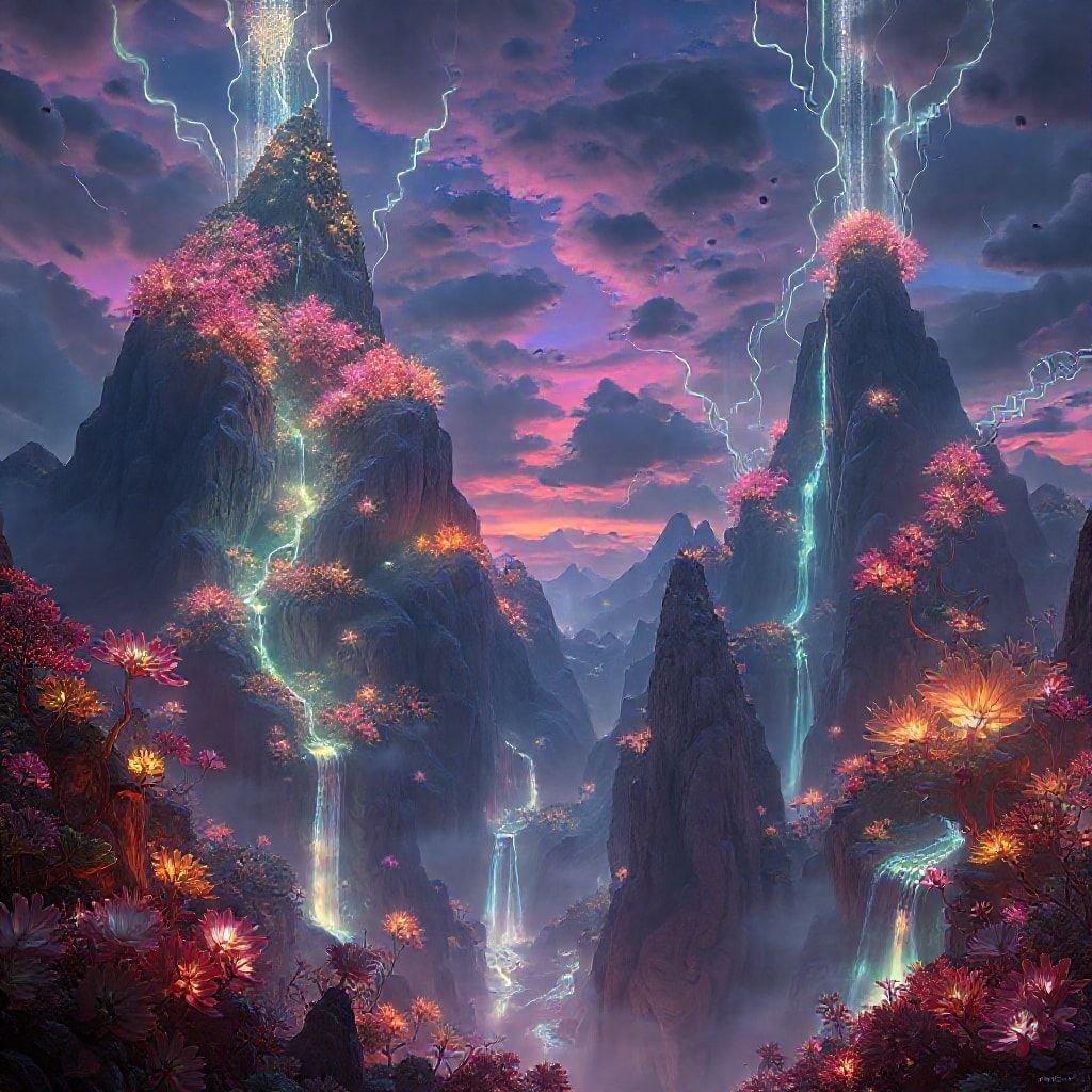 This stunning wallpaper transports you to a fantastical realm, where towering mountains and waterfalls meet vibrant flora and electrifying skies.