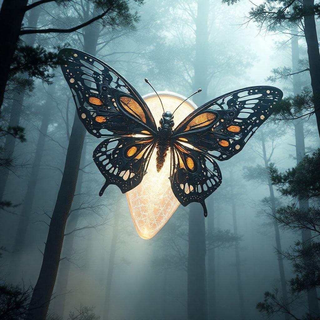 Experience the magic of a mystical forest scene with this 3D artwork. A beautifully crafted butterfly, detailed from head to tail, soars through a forest of ethereal trees, their branches reaching out into the foggy mist. The warm glow of the lantern illuminates the path before you, inviting you deeper into the woods.