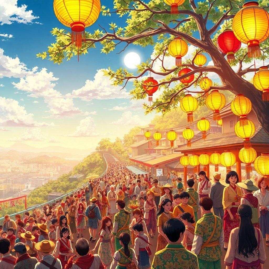 This scene captures the lively essence of Asian culture, showcasing traditional attire and lanterns that add to the festive mood. The hillside setting overlooking a bustling street adds depth and scale to this energetic celebration.