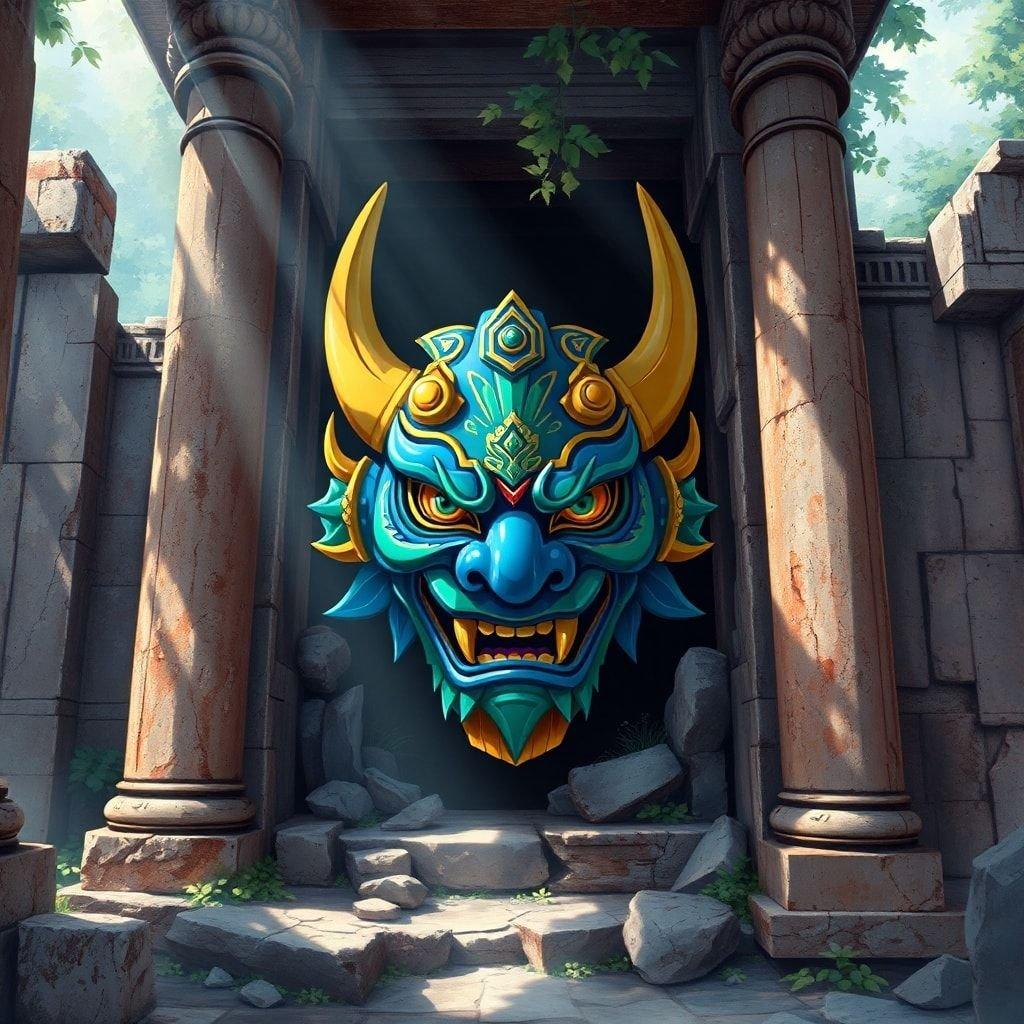 This stunning wallpaper features an anthropomorphic oni mask hidden within an ancient temple ruin, showcasing the artist's exceptional skill and attention to detail.