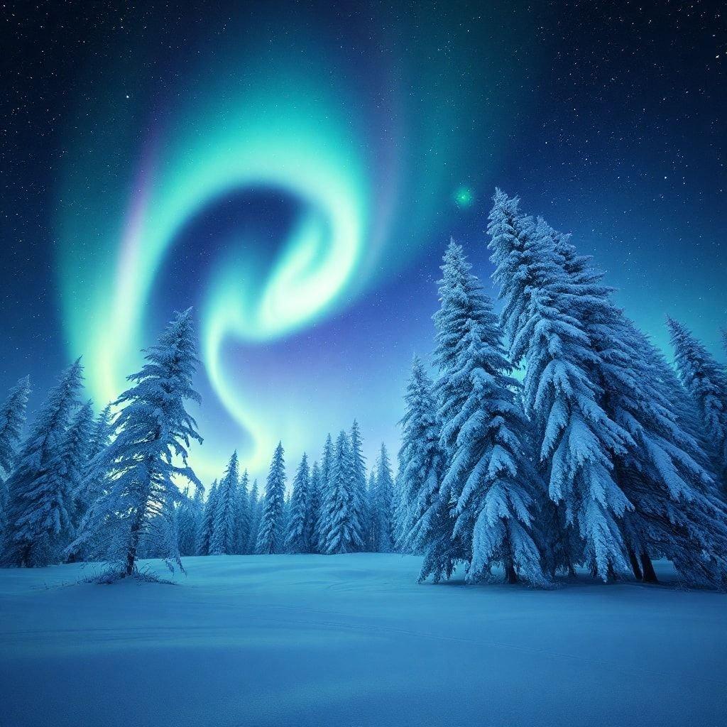 The breathtaking view of the aurora borealis illuminating a snowy forest at night.