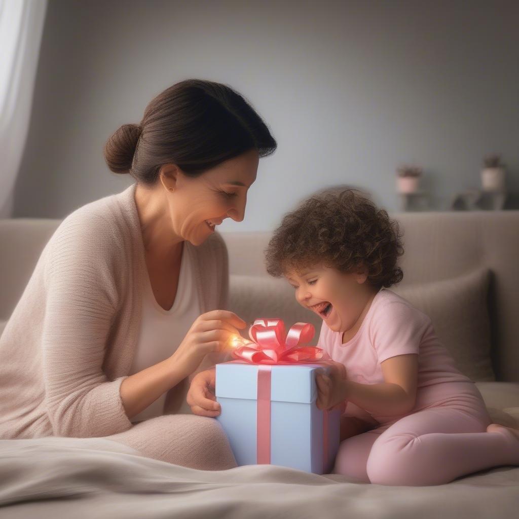 A heartwarming scene of a mother and child sharing a special moment on Mother's Day. The mother is opening a gift while the child looks on, filled with anticipation.