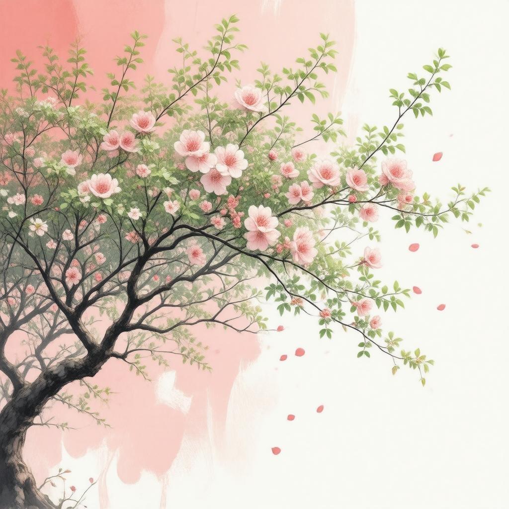 Immerse yourself in the serene beauty of this anime-style sakura tree wallpaper, where delicate green leaves and soft pink and white hues create a peaceful atmosphere.