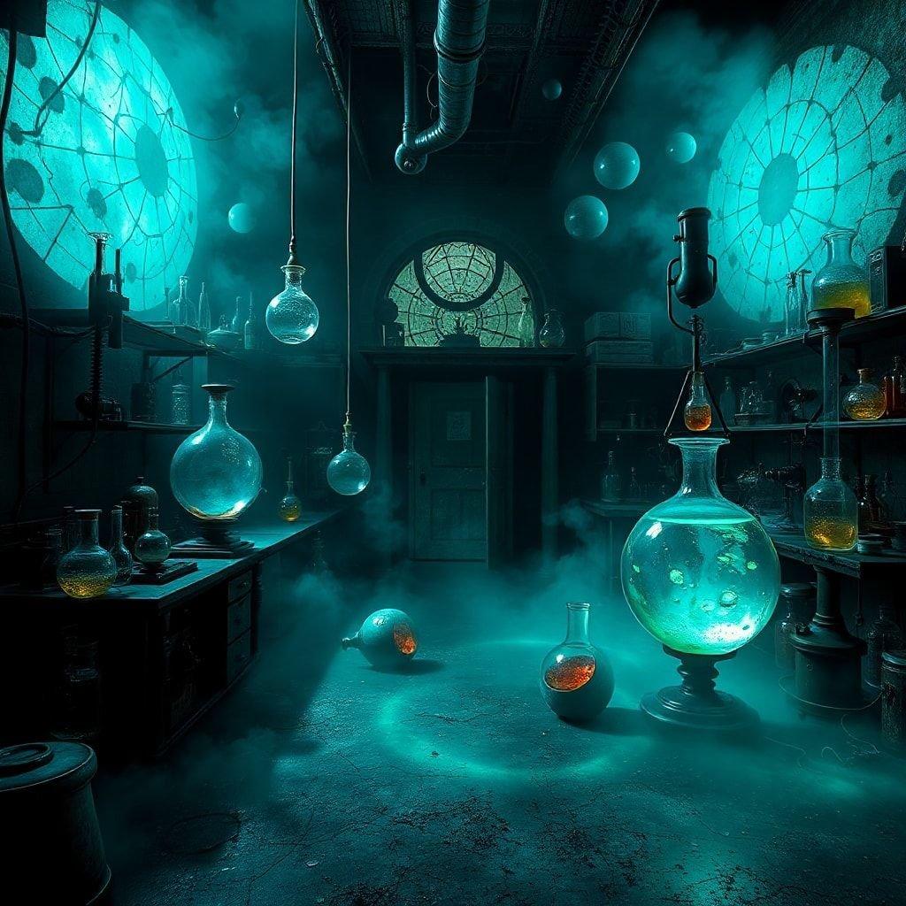 Enter the enigmatic chamber of an alchemist, where ancient potions mix with arcane science in a symphony of color and chaos.