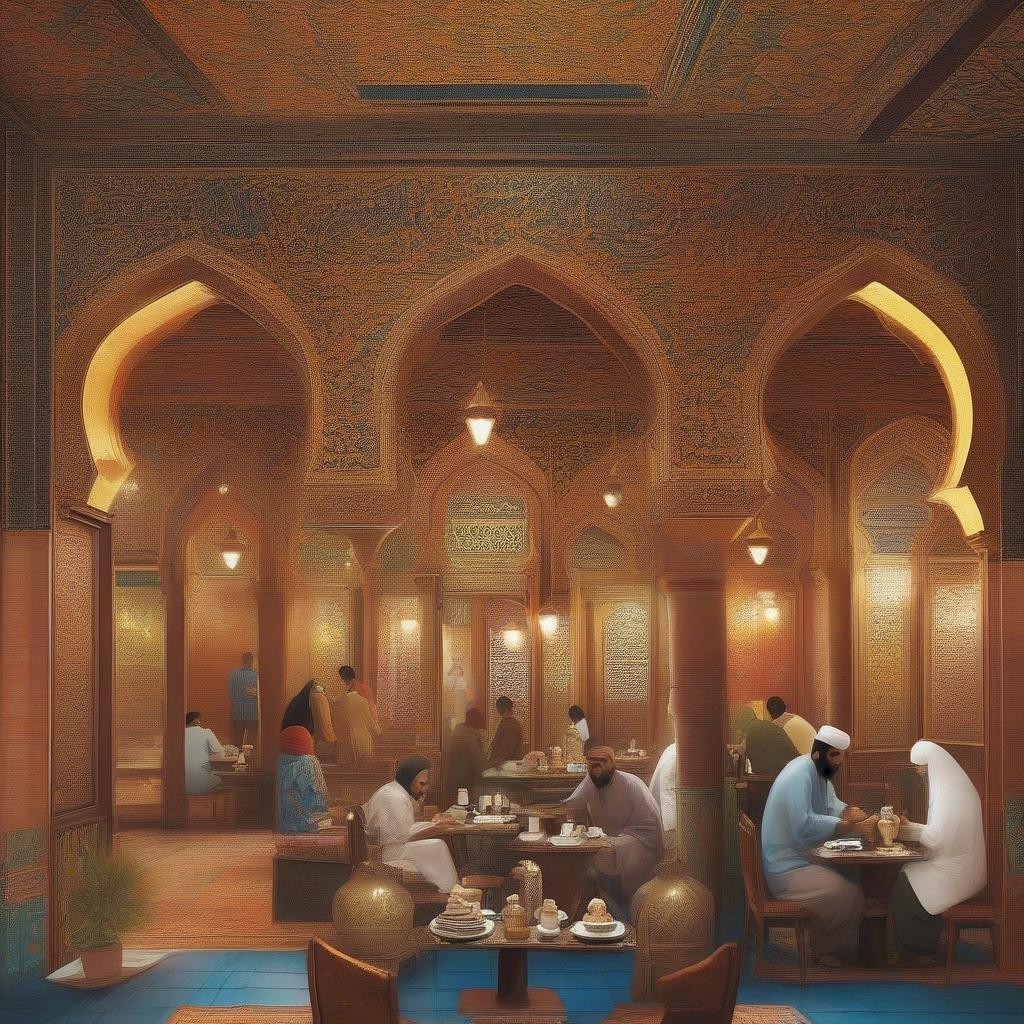 Friends and family sharing in the warmth of togetherness during a Ramadan evening at a traditional mosque tea house.