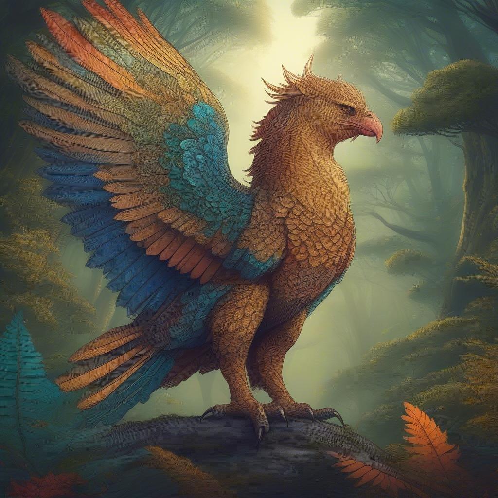 The majestic griffin, a mythical creature of legend, stands proudly amidst the misty forest. Its feathers shimmer with hues of gold and green, mirroring the enchanted atmosphere that surrounds it.