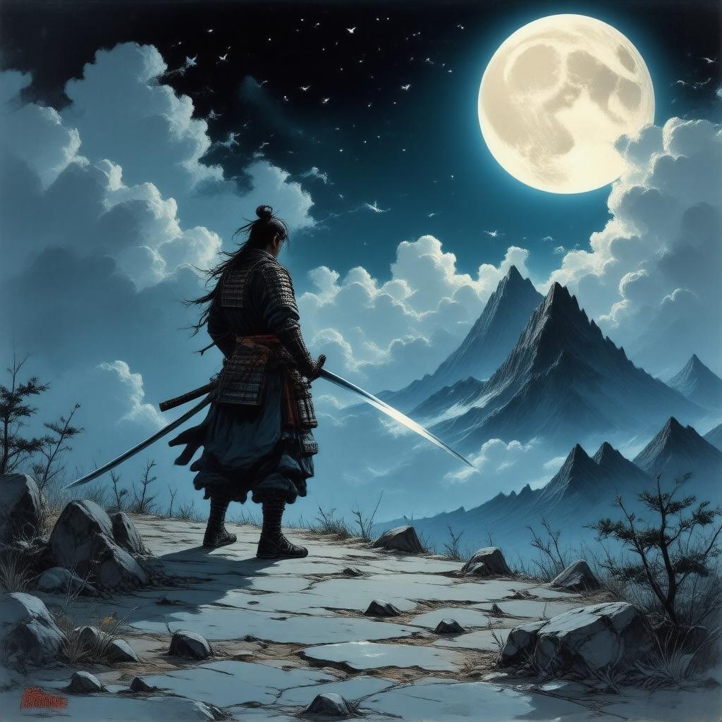 Tauchen Sie ein in die ruhige Schönheit eines Samurai, der auf einem Berg steht, getaucht im sanften Licht eines Vollmonds. Diese fesselnde Anime-Illustration entführt Sie in eine Welt der Ruhe und des Geheimnisses.