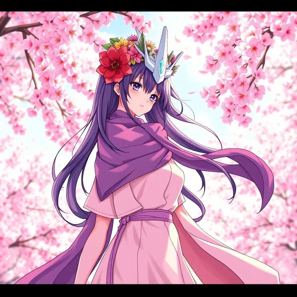 A beautiful anime wallpaper featuring a mecha girl standing proudly in a vibrant, cherry blossom-filled landscape.