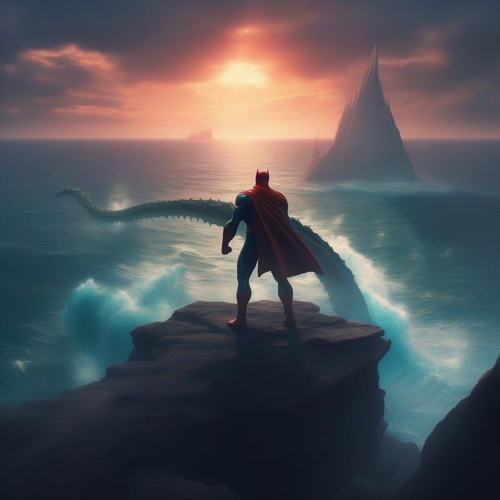 Batman is standing on a rocky outcrop, looking out at the sea and a sea monster in the distance. The sky is a beautiful sunset with a few clouds and the water is choppy.