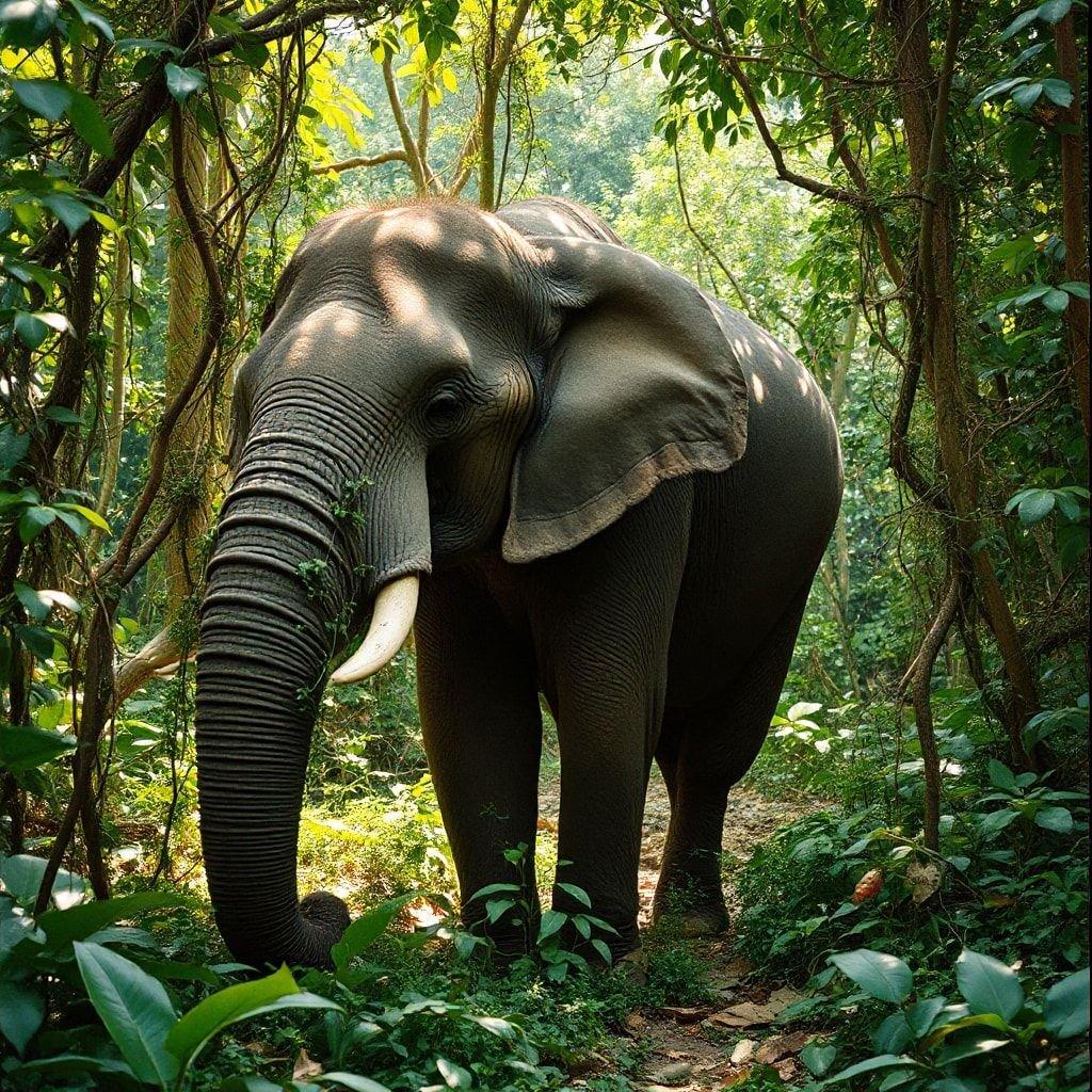 Discover the wonders of nature with this captivating scene of an elephant traversing a dense jungle. This majestic creature, with its large ears and tusks, is a symbol of strength and resilience in its natural habitat. Experience the tranquility of the forest as the elephant moves along the path, surrounded by lush greenery.